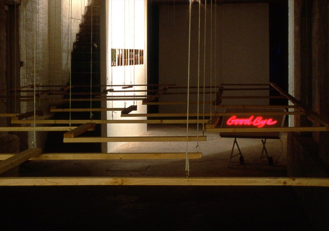Mobile lightbox sculpture 'Good Bye' in the exhibition Rational Behaviour, 1996