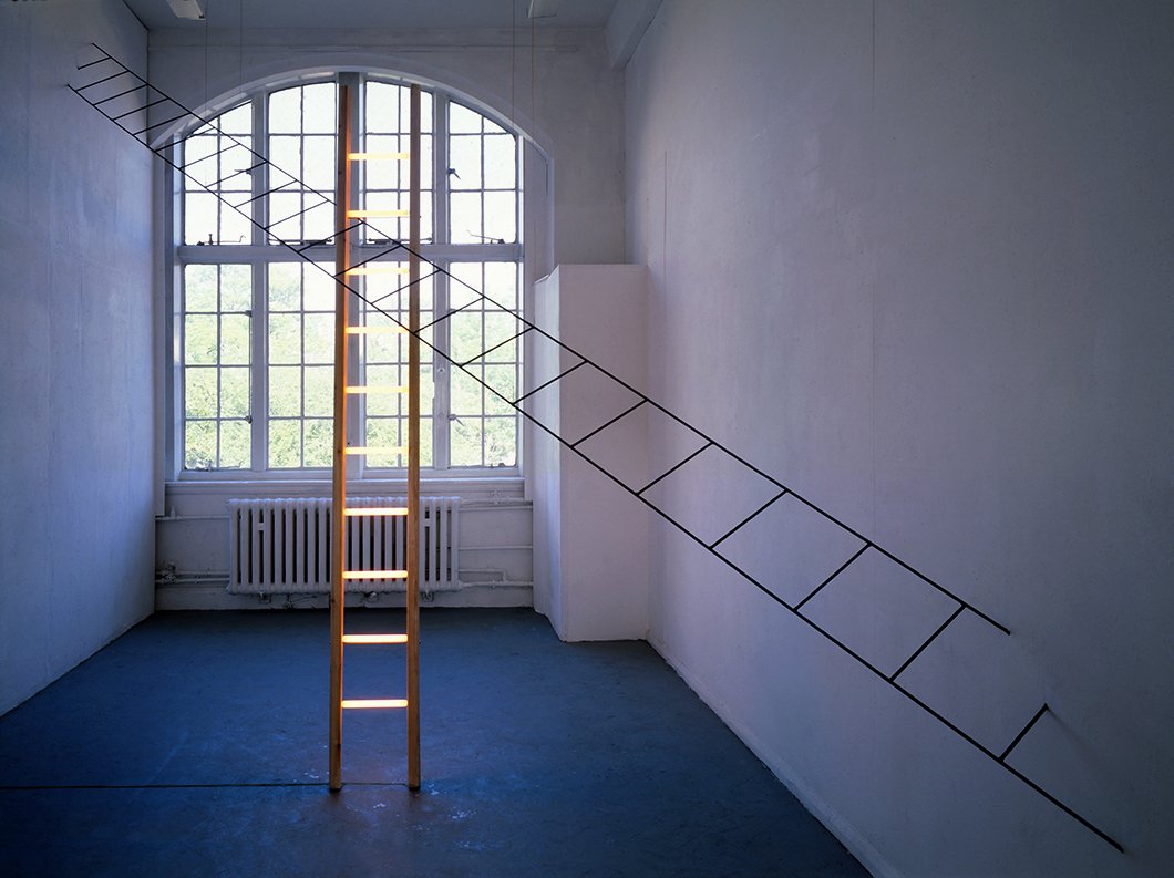 <Ladder with lights for rungs, installed at the Camberwell School of Art Project Space, 1990>